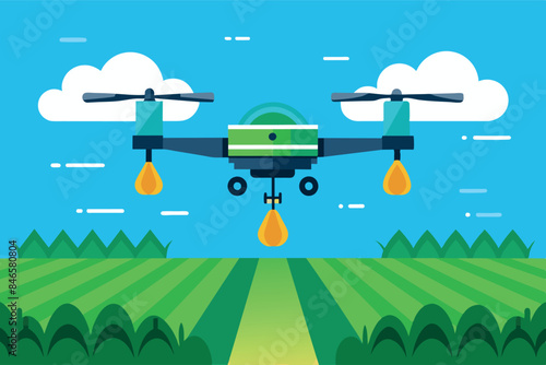 of a drone flying over agricultural fields. It sprays pesticides over rows of cultivated plants. theme of using modern technology in agriculture, in particular precision farming for crop management.