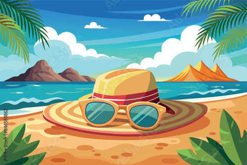 image of a beach scene. A straw hat and sunglasses are lying on the sand. Palm trees can be seen in the distance. The theme of vacation and carefree