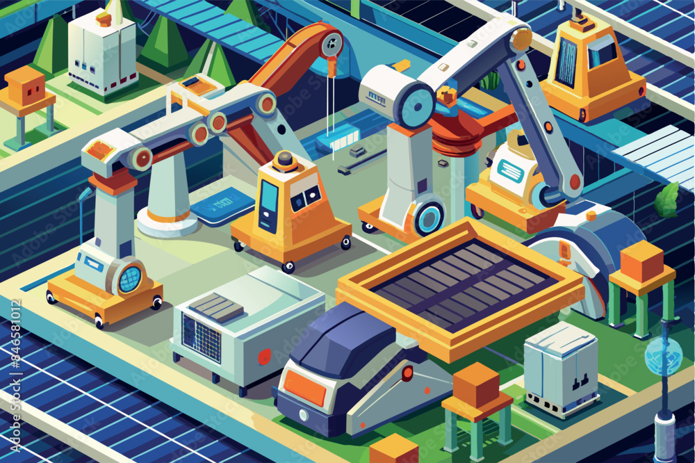 Obraz premium of an automated production line. It shows robotic arms with blue and orange accents, solar panels and various industrial equipment. The scene hints at modern manufacturing powered by clean energy.