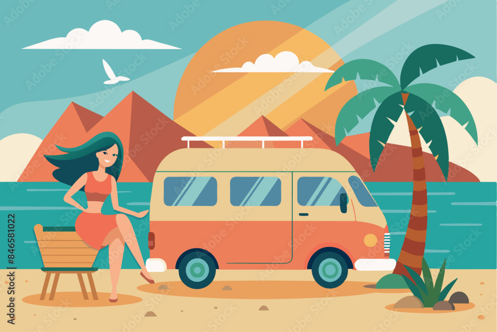 Fototapeta premium A beach scene with a vintage van parked by the shore. A man sits under an umbrella enjoying a drink. The scene includes palm trees, mountains in the background and a hammock strung between two trees.