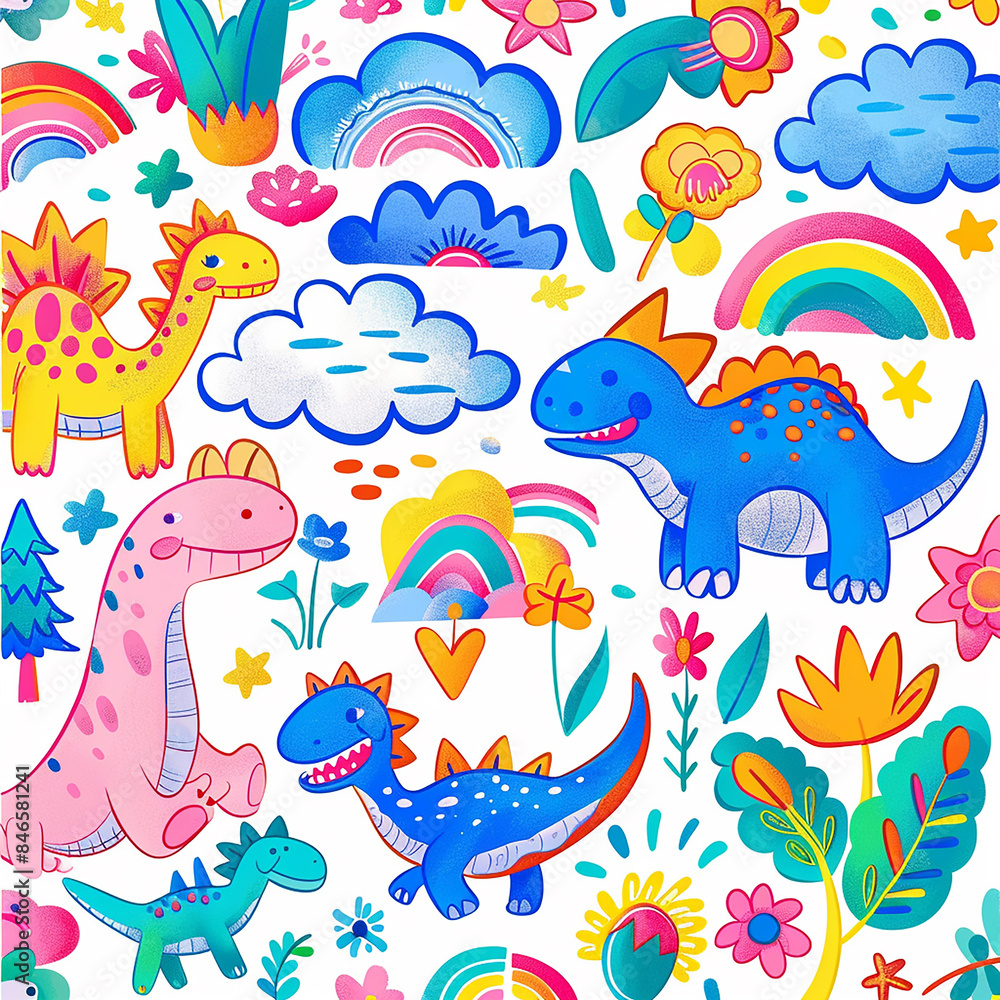 3d rendered photos of kawaii design featuring dinosaurs, clouds, flowers, trees, rainbows and dinosaur patterns. Crayon doodle drawing Artwork made with generative AI 3d rendered photos of kawaii design featuring dinosaurs, clouds, flowers, trees, rainbows and dinosaur patterns. Crayon doodle drawing Artwork made with generative AI