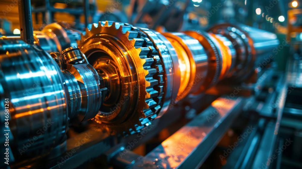 Obraz premium Close-up of industrial machinery with metal gears in a factory setting, illuminated by warm lighting, highlighting precision engineering.