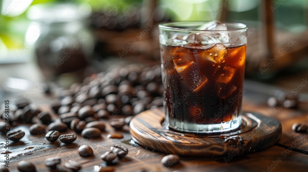 アイスコーヒーとコーヒー豆が置かれた静かなカフェの風景
アイスコーヒーとコーヒー豆が置かれた静かなカフェの風景