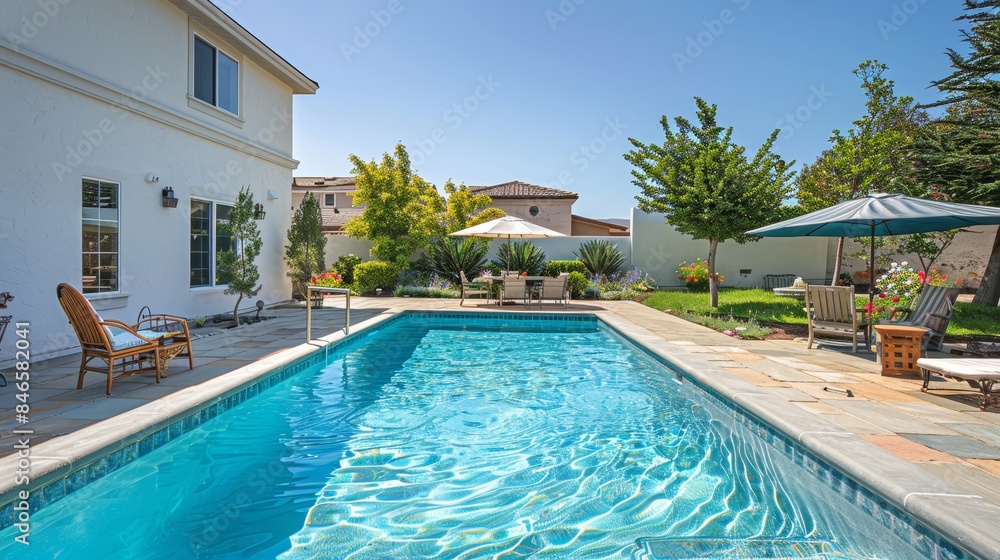 custom made wallpaper toronto digitalA modern house with a swimming pool in the backyard, surrounded by a well-maintained garden, showcasing a relaxed and luxurious lifestyle on a sunny day.