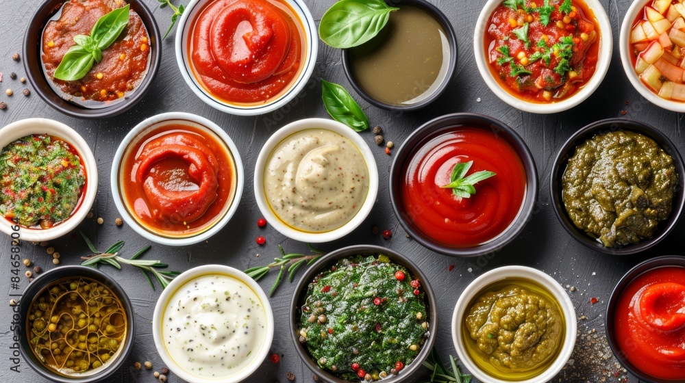 Assorted savory sauces in small bowls on dark background Assorted savory sauces in small bowls on dark background