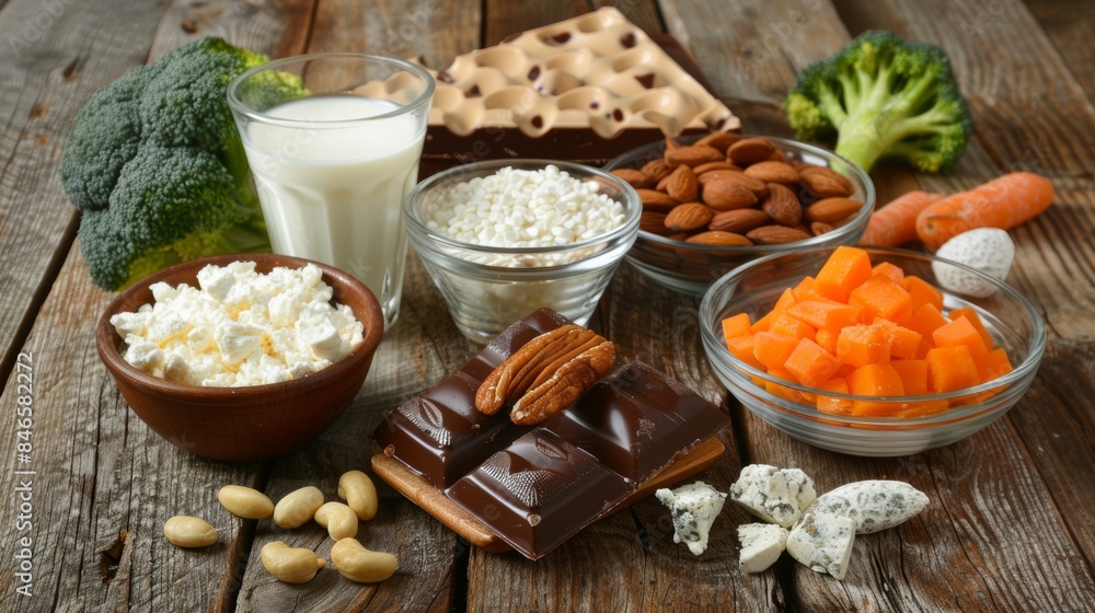Diverse calcium-rich foods on wooden table Diverse calcium-rich foods on wooden table