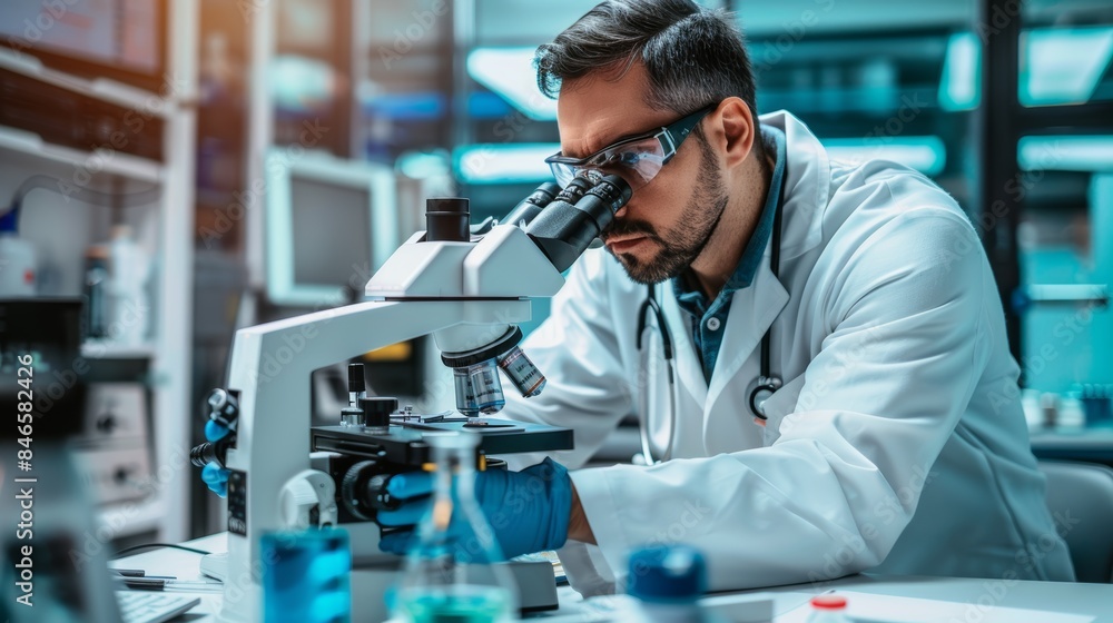 A focused scientist in a white lab coat examines a sample through a microscope in a modern laboratory, surrounded by scientific equipment and blue-tinted lighting. A focused scientist in a white lab coat examines a sample through a microscope in a modern laboratory, surrounded by scientific equipment and blue-tinted lighting.