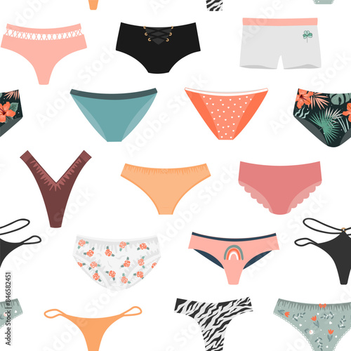 Cute women panties seamless pattern. Underwear background. Female lingerie symbols collection, vector illustration on white