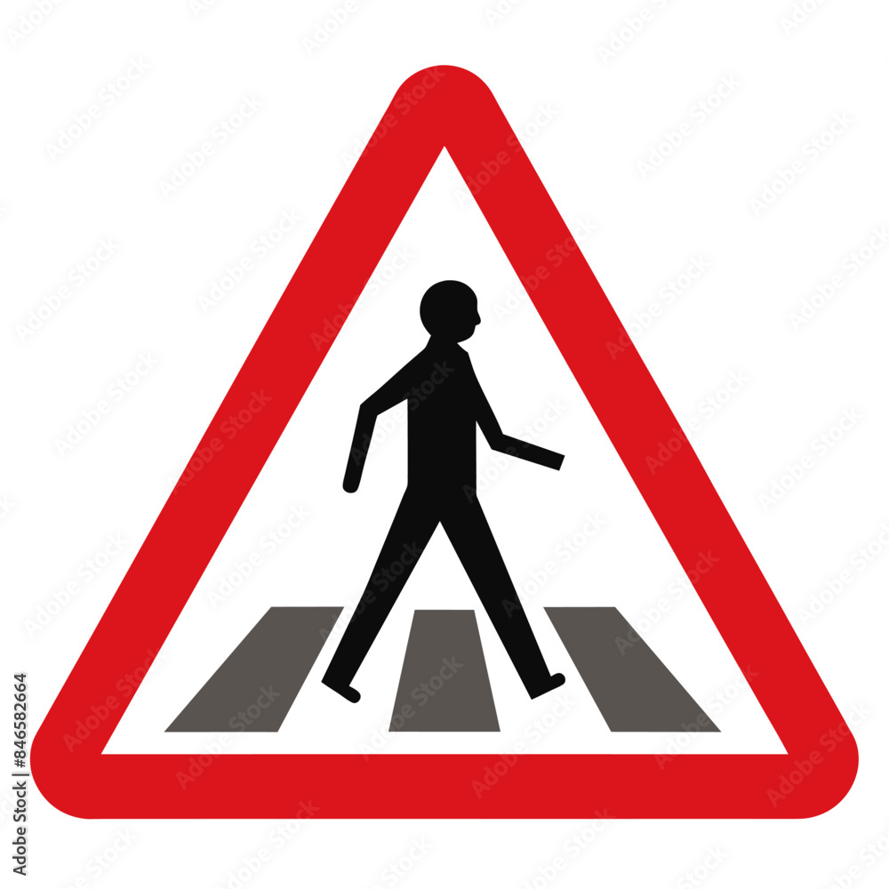 Pedestrian crossing sign with man walking on crosswalk shaped like a triangle Pedestrian crossing sign with man walking on crosswalk shaped like a triangle
