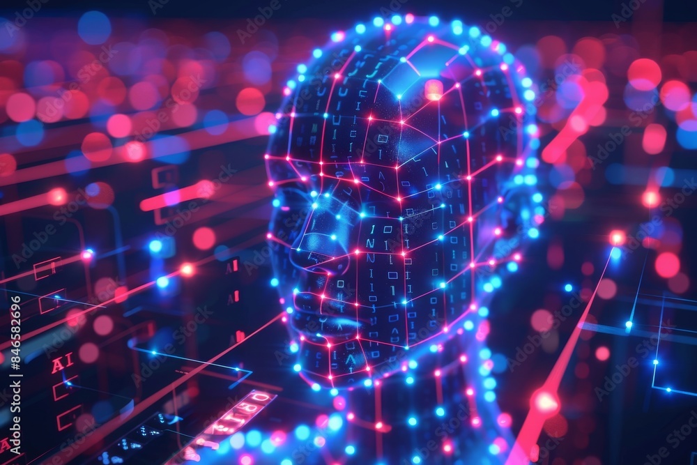 Fototapeta premium Digital human head with glowing connections, symbolizing the intersection of artificial intelligence and human cognition in futuristic technology