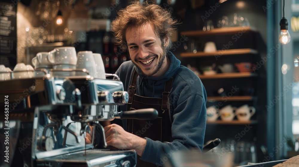 Cheerful barista making coffee AI generated Cheerful barista making coffee AI generated
