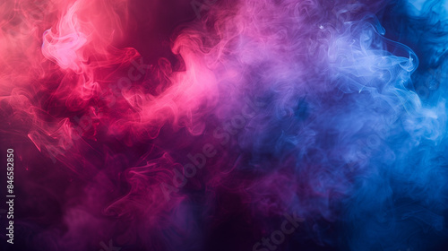 Pink and blue smoke billows from a dark room