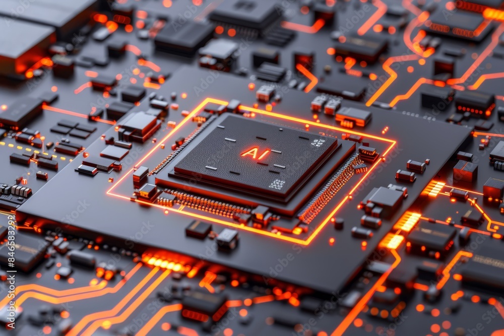 High tech microchip with glowing circuits, showcasing the intricacies and advancements in modern computing and electronic technology High tech microchip with glowing circuits, showcasing the intricacies and advancements in modern computing and electronic technology