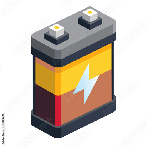 Cartoon battery with design and technology keywords on white background