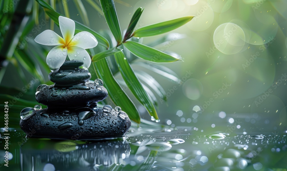 Obraz premium A tranquil spa background with bamboo leaves, frangipani flower, water droplets and balanced black stones stacked on top of each other