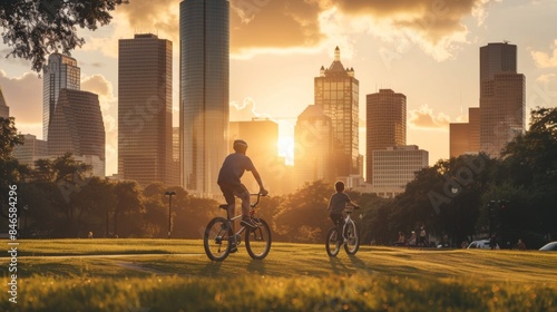 A father and son cycling through a city park at sunset, with skyscrapers in the background bathed in warm evening light. © Plaifah