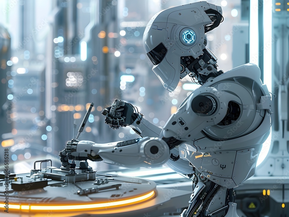 Futuristic 3D Robot Technician Meticulously Working on Intricate Mechanical Components in a Sleek Minimalist Workspace Against Sparkling Cityscape Futuristic 3D Robot Technician Meticulously Working on Intricate Mechanical Components in a Sleek Minimalist Workspace Against Sparkling Cityscape
