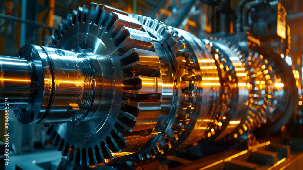 Detailed close-up of large industrial turbine rotors showcasing their intricate gear structures and metallic components. Detailed close-up of large industrial turbine rotors showcasing their intricate gear structures and metallic components.