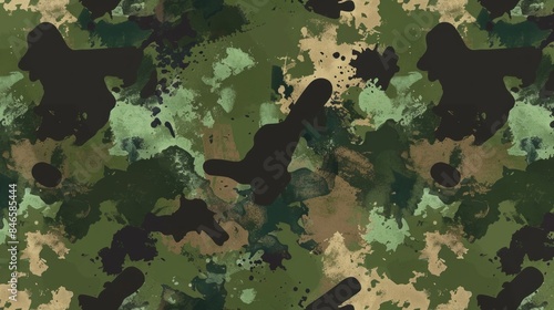 A camouflage print with black and green splatters photo