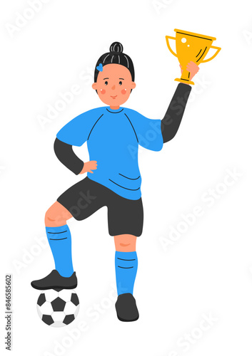 Winner. Football player girl with soccer ball and award cup.