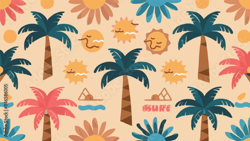 Boho groovy palm tree beach sun sea. Surf club vacation and sunny summer day aesthetic. Vector illustration background in trendy retro naive simple style.