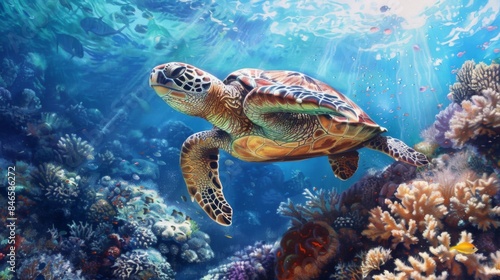 A majestic sea turtle swimming gracefully in crystal-clear waters, surrounded by vibrant coral reefs © Plaifah