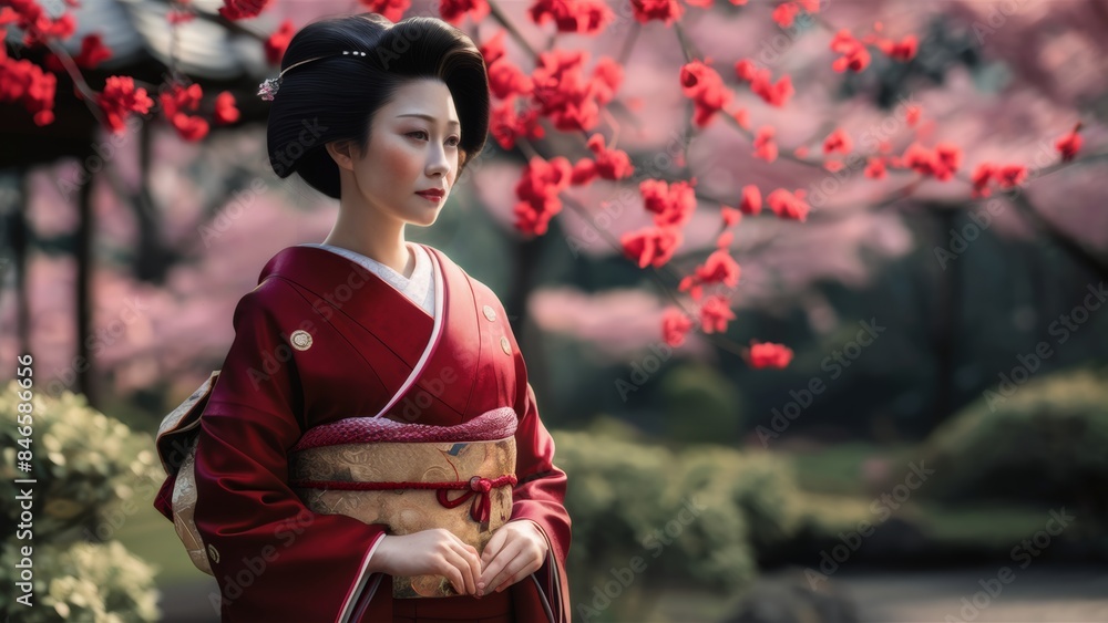 A woman in traditional geisha outfit standing under a tree, AI