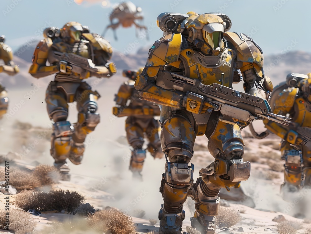 A squad of heavily armored mechanized infantry navigates an alien dominated terrain A squad of heavily armored mechanized infantry navigates an alien dominated terrain