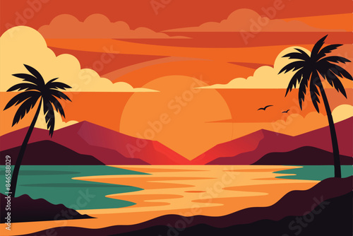 Landscape of a beautiful sunset on the beach. Warm, gorgeous sunset on a paradise beach. Calm ocean waves, palm trees and mountains vector