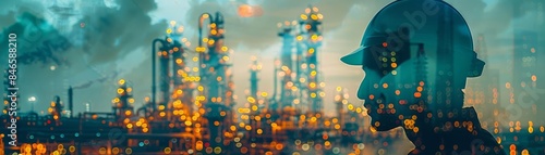 Double exposure of a hardhat worker and an illuminated refinery, capturing the essence of industrial advancement and workforce dedication
