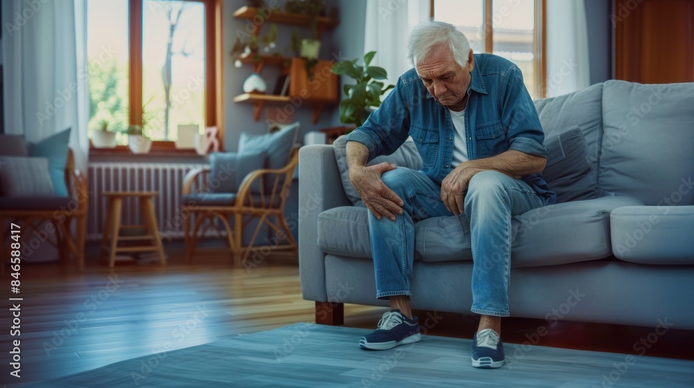 An old American man sitting on the sofa with leg pain suffering from knee joint pain An old American man sitting on the sofa with leg pain suffering from knee joint pain