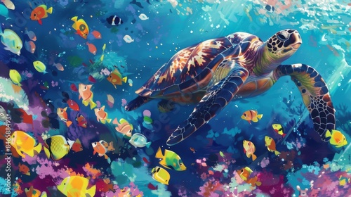 A sea turtle swimming alongside a colorful shoal of fish, creating a vibrant underwater scene.