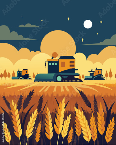 In a vast and dusty wheat field huge combines work day and night to harvest the crop. Despite the massive yield much of the wheat will end up unused and left to rot in storage.. Vector illustration