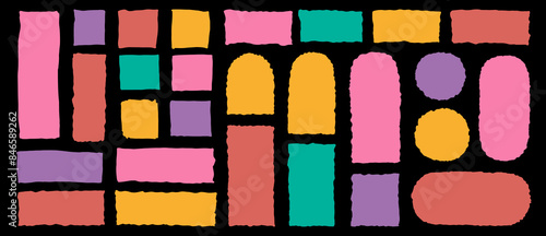 Set of vector hand drawn wobbly line frame shapes. Cute rounded square torn paper forms. Colorful curved rectangles, circles and arches. Kids speech bubble sticker backgrounds. Loose jagged wavy edges