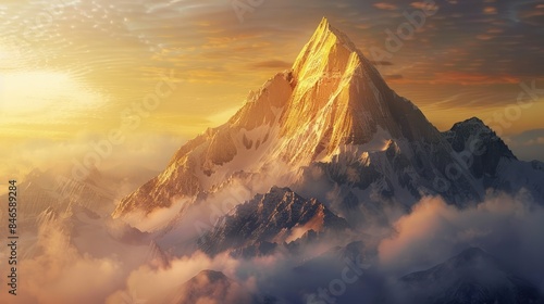 A majestic mountain peak bathed in the golden glow of sunrise, with clouds swirling around its base.