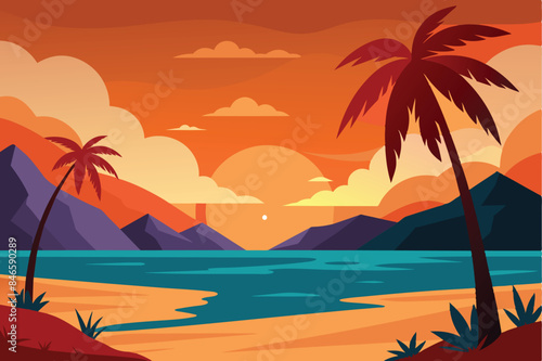 Landscape of a beautiful sunset on the beach. Warm  gorgeous sunset on a paradise beach. Calm ocean waves  palm trees and mountains vector