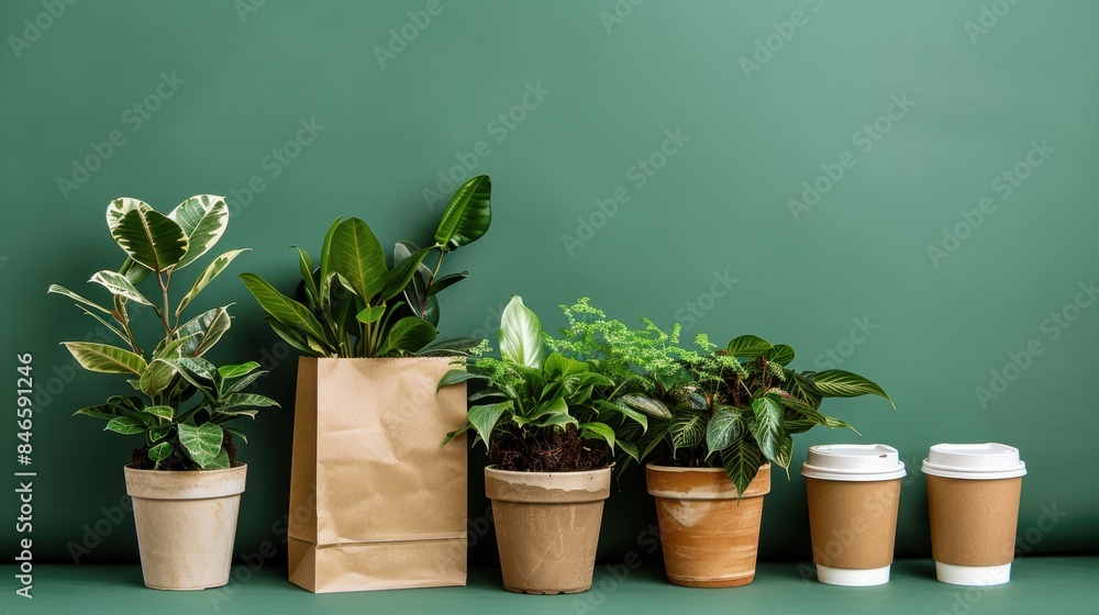 Assorted potted plants lined up in front of a plain green background, with a brown paper bag and three brown cups with white lids to the right Minimalist and natural setup Assorted potted plants lined up in front of a plain green background, with a brown paper bag and three brown cups with white lids to the right Minimalist and natural setup