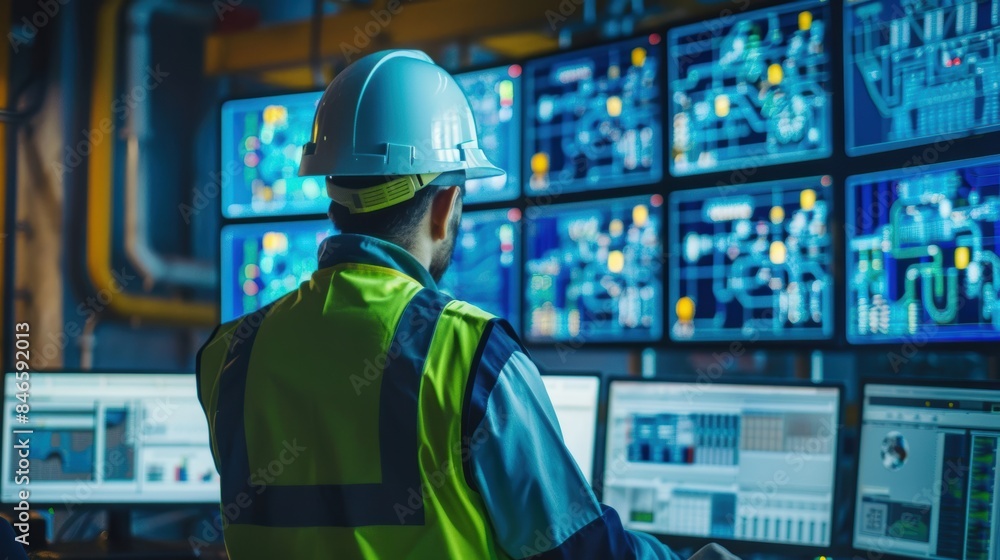 Control room at a clean energy company, showcasing advanced monitoring tools for grid management, with a worker in safety equipment