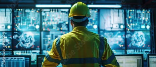 Control room in a clean energy company, equipped with advanced tools for monitoring grid technologies, with an engineer in safety gear