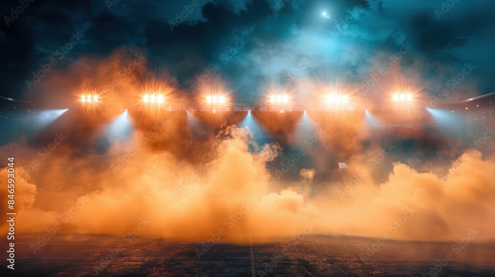 Naklejka premium Dramatic scene with stadium lights and smoke filling the arena for events