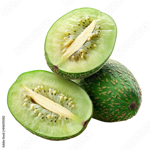 Close-up of fresh, sliced kiwano fruit with vibrant green interiors and spiky green exterior, perfect for culinary and tropical-themed designs. photo