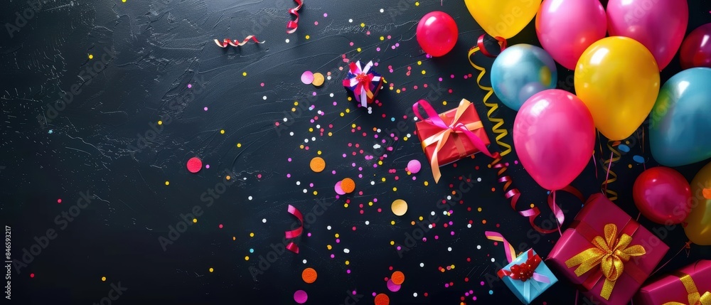 Festive birthday setup with balloons, confetti, and gift boxes on a black background, highlighting colorful decorations Festive birthday setup with balloons, confetti, and gift boxes on a black background, highlighting colorful decorations