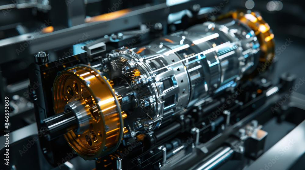 High-tech industrial machine part with intricate details, showcasing modern engineering and technology in a manufacturing setting. High-tech industrial machine part with intricate details, showcasing modern engineering and technology in a manufacturing setting.