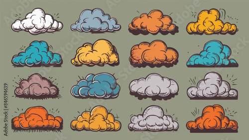 Adobe Illustrator ArtCartoon smoke clouds. Comic smoke flows, dust, smog and smoke steaming cloud silhouettes isolated vector illustration set. Wind silhouette steaming, smoke explosion, comic clowork