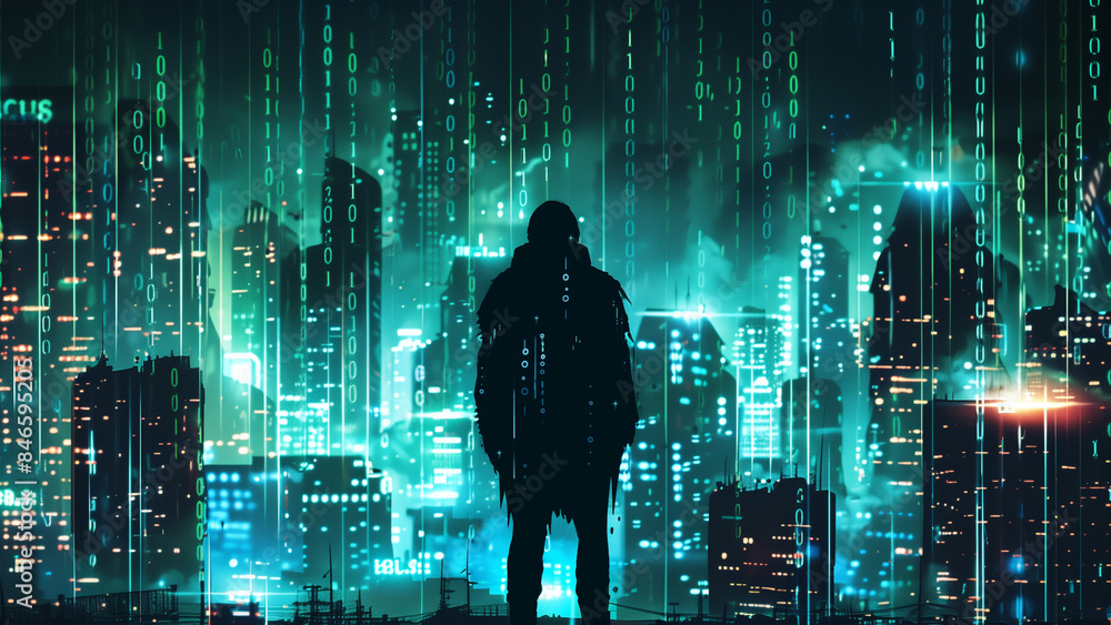 A Hacker’s Silhouette Amidst Streams of Digital Data A Hacker’s Silhouette Amidst Streams of Digital Data