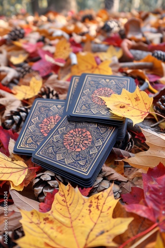 Mesmerizing forest scene with a gold foil card deck on autumn leaves and pine cones  blending nature s colors with intricate design for a mystical atmosphere. tarots