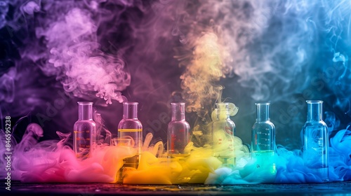vibrant reactions in a colorful chemistry experiment with smoke emerging from a test tube and glass bottle. this concept is perfect for scientific exploration, education, and creative projects.