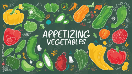 Abstract appetizing Vegetables collection. Decorative abstract horizontal banner with colorful doodles. Hand-drawn modern illustrations with Vegetables, abstract elements. Cucumber, peas, pepper.