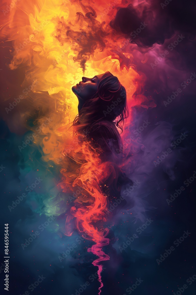Woman creates colorful smoke against a dark background, exuding magic and fantasy with a touch of surreal creativity. Dreamy psychic visual Woman creates colorful smoke against a dark background, exuding magic and fantasy with a touch of surreal creativity. Dreamy psychic visual