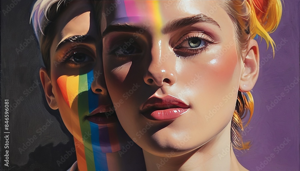 A workart with iconic symbols of pride, a girl's face painted with paint A workart with iconic symbols of pride, a girl's face painted with paint